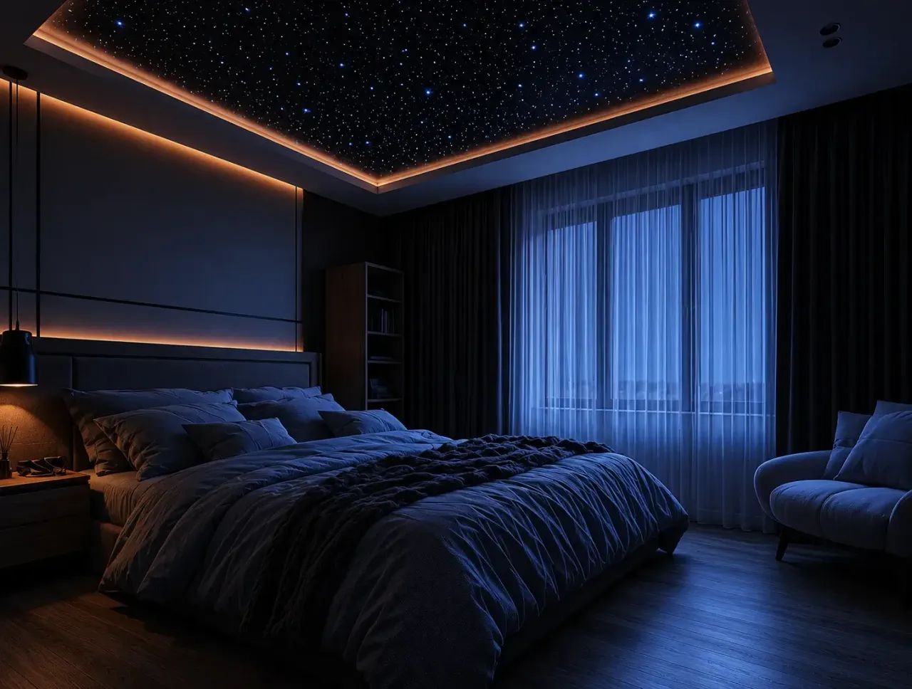 Dormitorio con techo estrellado