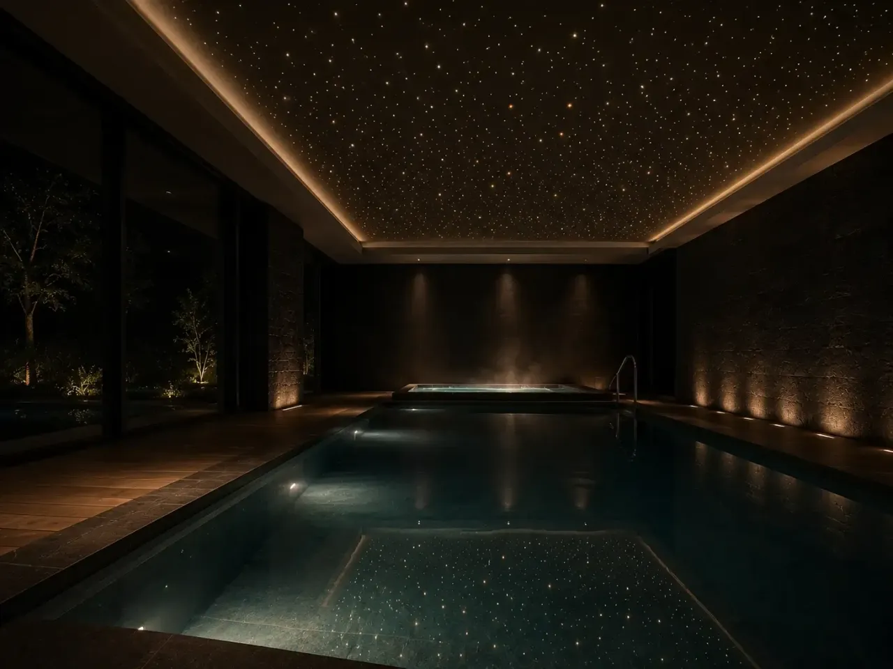 Piscina y spa con techo estrellado